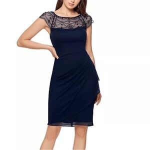 Elegant Blue Sheath Midi Dress with Cap Sleeves embellished Size 4 semi formal